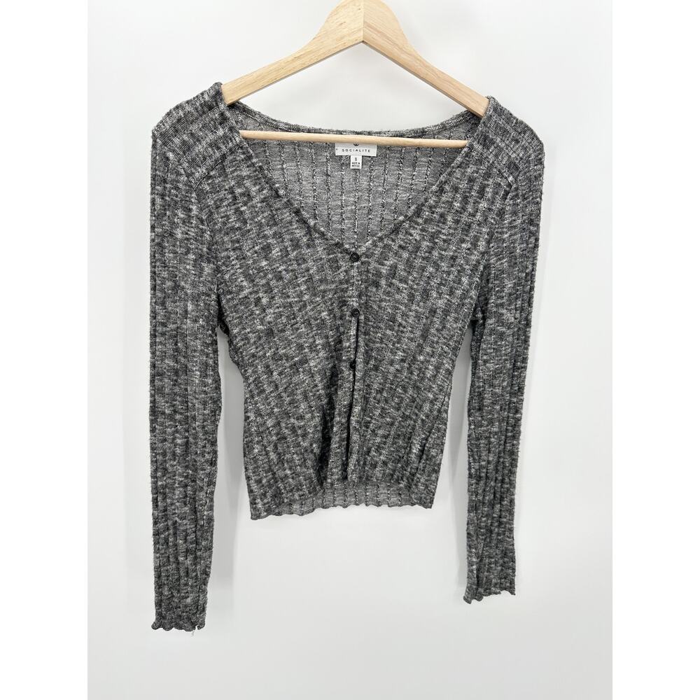 Socialite Women Small Grey Long Sleeve Button Ribbed V-Neck Shirt KCD611882-N